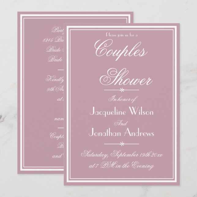 Convites Chá de Casais RSVP de Script Chic Rosa Elegante (Frente/Verso)
