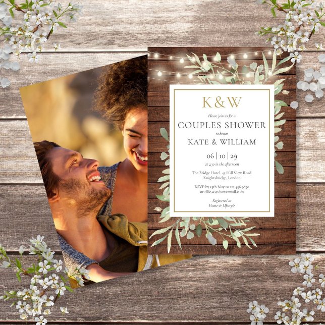 Convites Chá de Casal com Monograma em Dourado Rústico e Fo (Rustic Gold Monogram Greenery Photo Couples Shower Invitation)