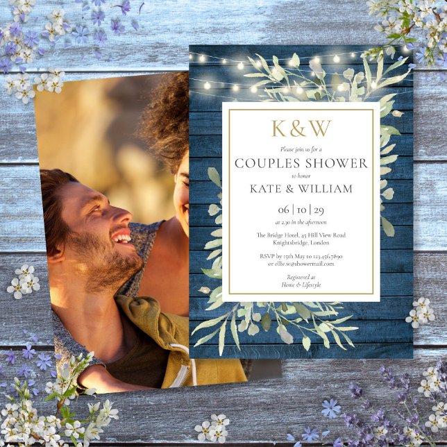 Convites Chá de Casal com Monograma em Dourado Rústico e Fo (Rustic Gold Monogram Greenery Photo Couples Shower Invitation)