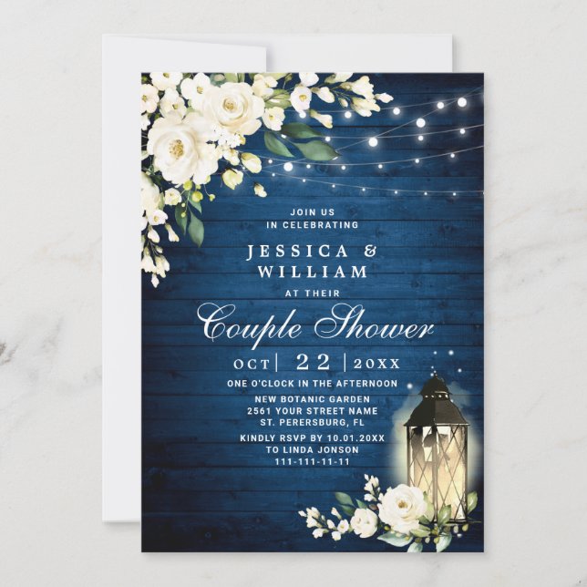 Convites Chá de Casal de Aquarela de Rosa Branca de Madeira (Frente)