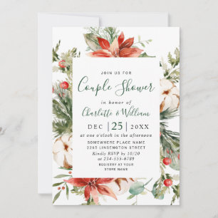 Convites Chá de CASAL de Aquarela Elegante Red Poinsettia