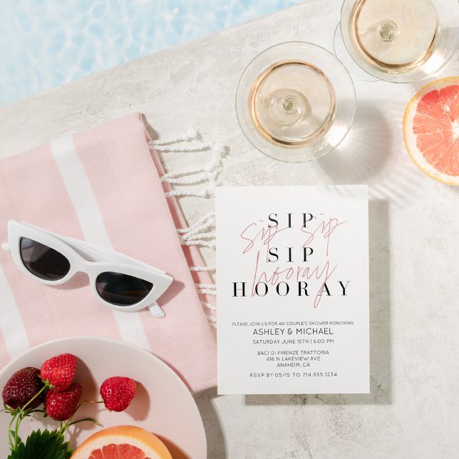 Convites Chá de Casal de fotos branco preto Sip Hooray (Sip Sip Hooray: Toast to Love at Our Modern Couples Shower)