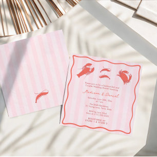 Convites Chá de Casal de Mariscos Vermelho Rosa Desenhado à