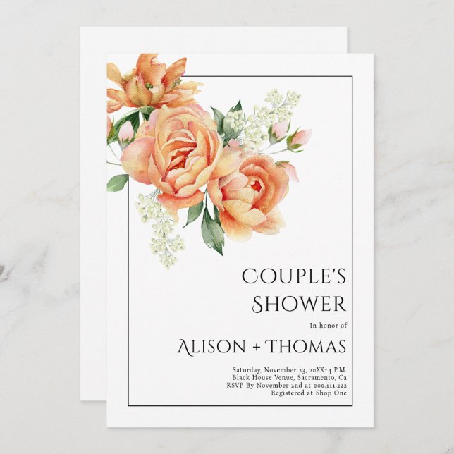 Convites Chá de casal de pêssego Elegante (Frente/Verso)