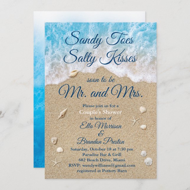 Convites Chá de Casal de Sandy Toes Blue Beach Waves (Frente/Verso)