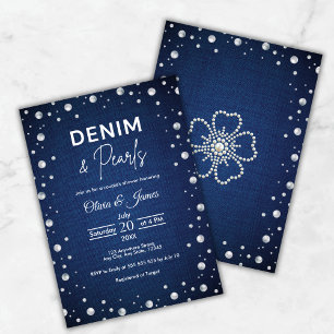 Convites Chá de Casal Elegante em Denim Azul e Pérolas
