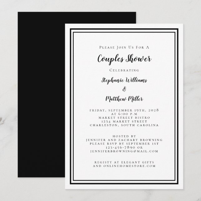 Convites Chá de Casal Festa de Engajamento Chic Preto e Bra (Frente/Verso)