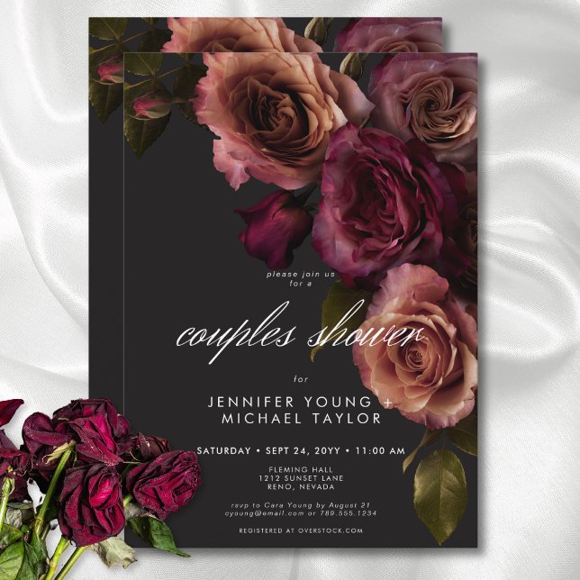Convites Chá de Casal Floral Elegante Moody Rust e Burgundy (Elegant Moody Rust & Burgundy Floral Couples Shower Invitation)