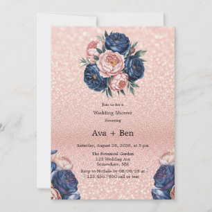 Convites Chá de casamento azul e Rosa Dourado Floral
