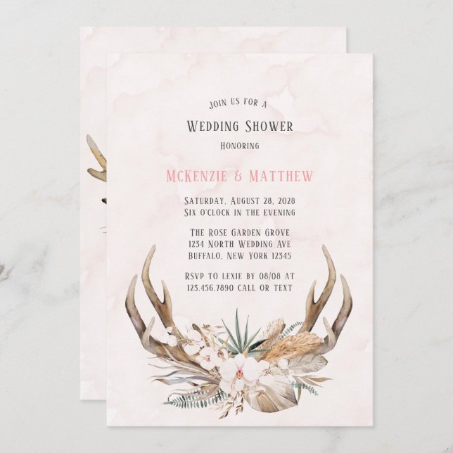Convites Chá de casamento Boho Deer Antlers e Florals (Frente/Verso)