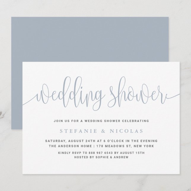 Convites Chá de casamento Bonito de Caligrafia Azul (Frente/Verso)