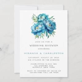 Convites Chá de casamento Chic Teal Blue Peony Flower