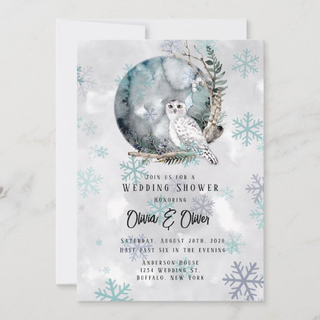 Convites Chá de casamento de Aquarela de Inverno Snow Owl (Frente)