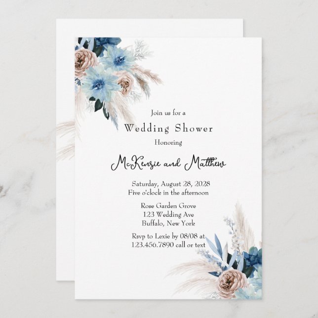 Convites Chá de casamento de Buquê Boho Rosa e Azul (Frente/Verso)