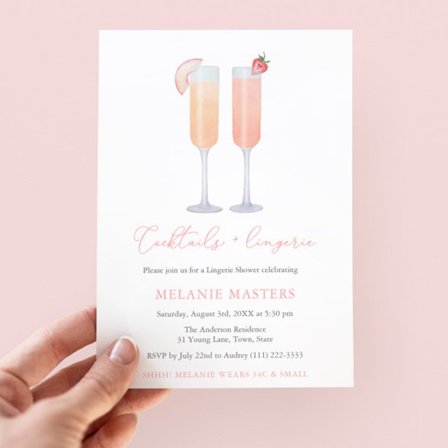 Convites Chá de casamento de coquetéis e Lingerie (Cocktails & Lingerie Bridal Shower Invitation featuring watercolor fruit bellini cocktails)