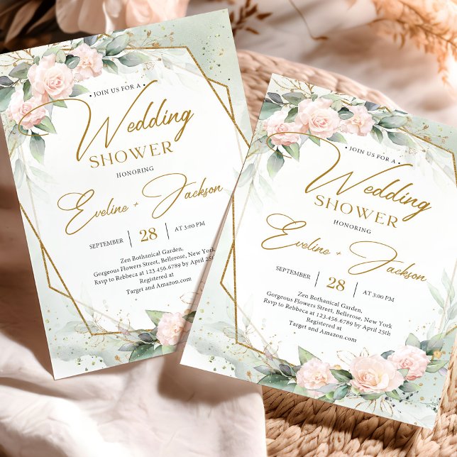 Convites Chá de casamento de ouro de eucalipto rosas cor-de (Unique watercolor blush roses green eucalyptus and gold frame wedding shower invitation)