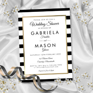 Convites Chá de casamento Dourado de faixa branca e preto c