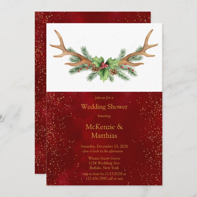 Convites Chá de casamento Dourado de Natal Deer Antler Burg (Frente/Verso)