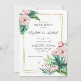 Convites Chá de casamento Flamingo Floral, Rosa Botânico