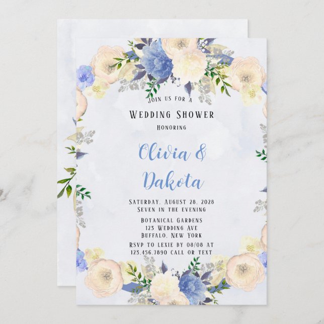 Convites Chá de casamento Floral Azul Pálido, Azul, Pera (Frente/Verso)