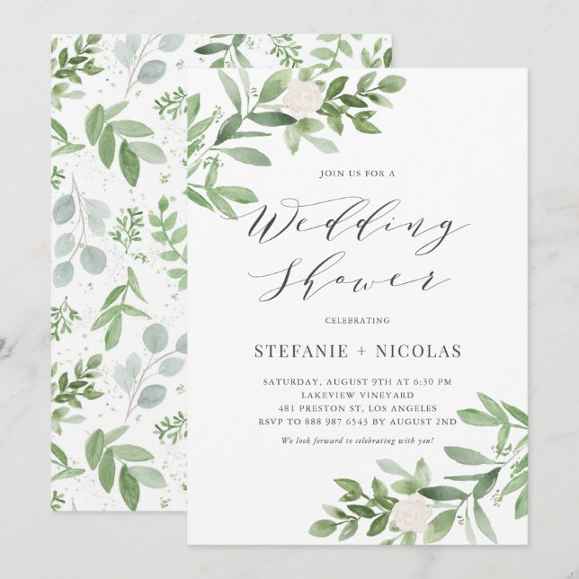 Convites Chá de casamento Floral Branco de Molercola Verde (Frente/Verso)