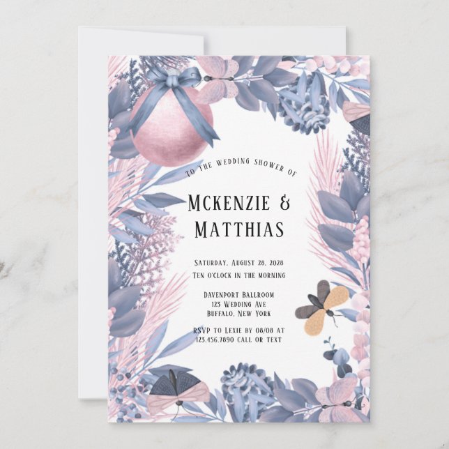 Convites Chá de casamento Floral de Natal Azul Rosa (Frente)