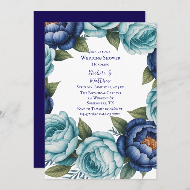 Convites Chá de casamento Floral de Turquesa Azul Elegante (Frente/Verso)