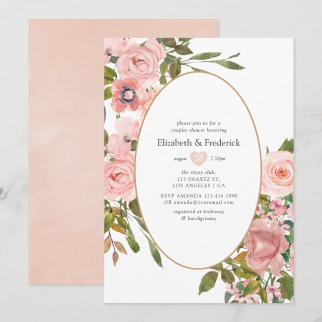 Convites Chá de casamento Floral Dourado, rosa-claro e Rosa (Frente/Verso)