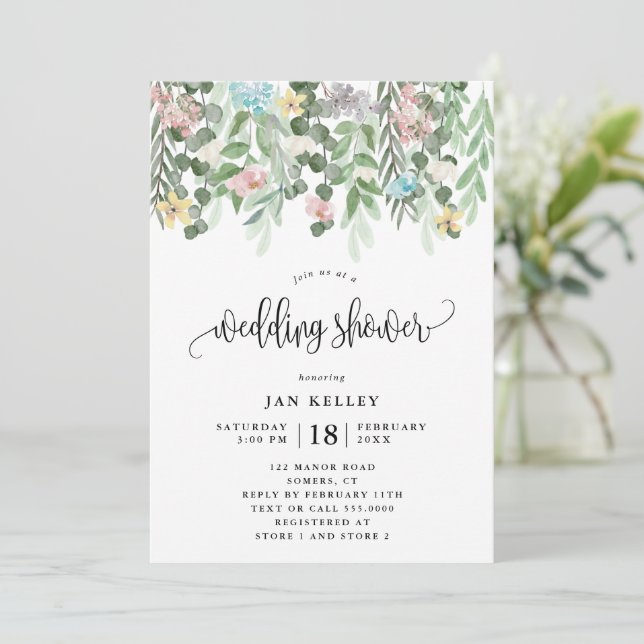 Convites Chá de casamento Floral, Flores De Algodão Aquoso (Em pé/Frente)