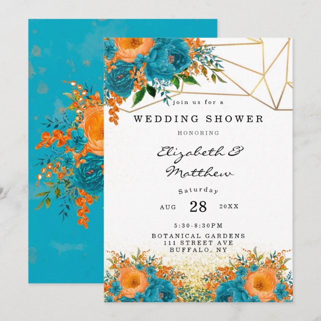 Convites Chá de casamento Floral Pintado com Teal e Laranja (Frente/Verso)