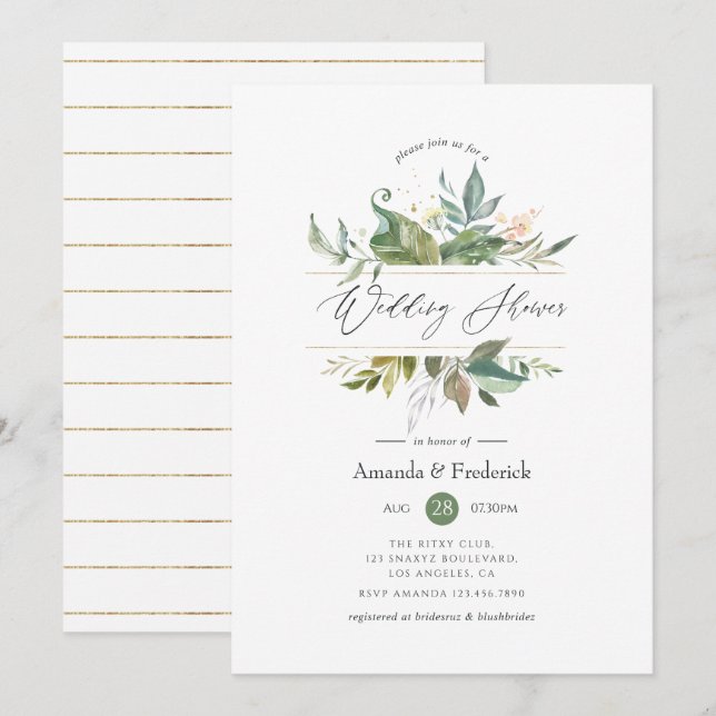 Convites Chá de casamento Geométrico Serenity Greenery (Frente/Verso)