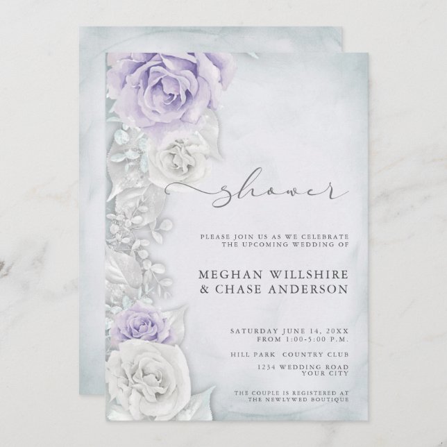 Convites Chá de casamento Lilac e Rosas Brancas Elegante (Frente/Verso)