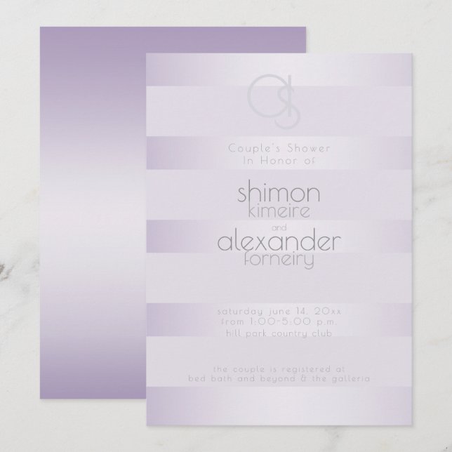 Convites Chá de casamento | Lilac Shimmer Stripes Monograma (Frente/Verso)