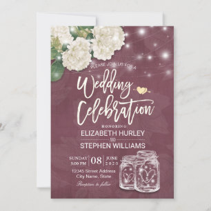 Convites Chá de casamento Mason Jar Hydrangea Lights Burgun