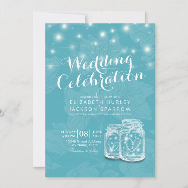 Convites Chá de casamento Mason Jar String Luz Azul Floral (Frente)