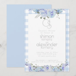 Convites Chá de casamento | Monograma, Azul Floral Pintado