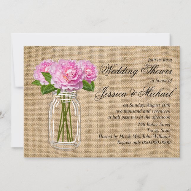 Convites Chá de casamento Peony Mason Jar Burlap (Frente)
