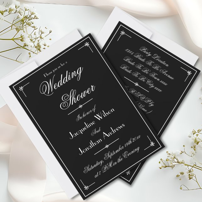 Convites Chá de casamento preto e branco Elegante de Script (Elegant Script, Chic Black & White Invitation for a Wedding Shower.)