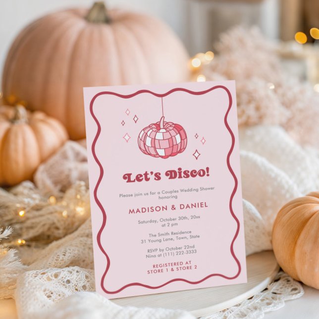 Convites Chá de casamento Rosa de Cereja da Desco Ball Pump (Pink Disco Ball Pumpkin co-ed wedding shower invitation with trendy wavy squiggle border)