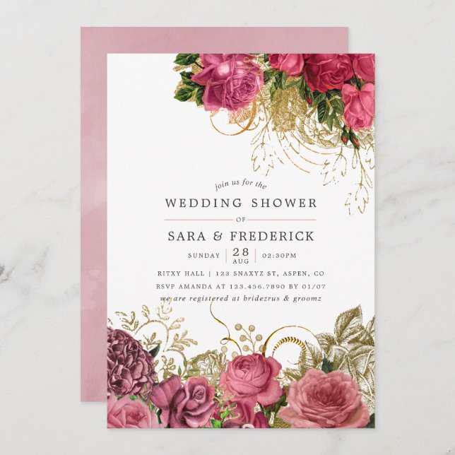 Convites Chá de casamento Rosa de vídeo Dourado e Blush (Frente/Verso)