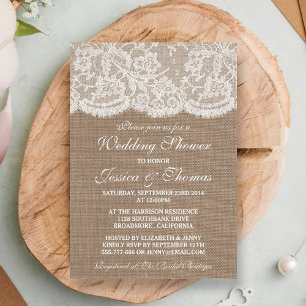 Convites Chá de casamento Rustic Burlap & Vintage White La