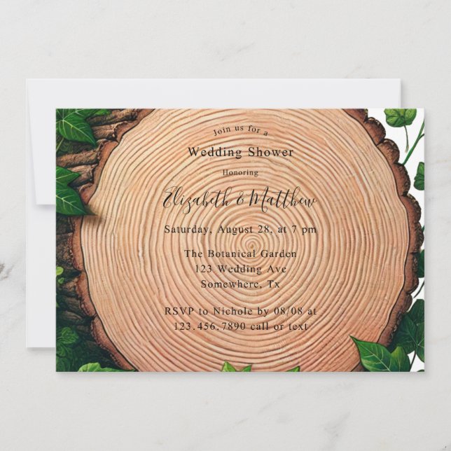Convites Chá de casamento Rustic Greenery and Wood Slice (Frente)
