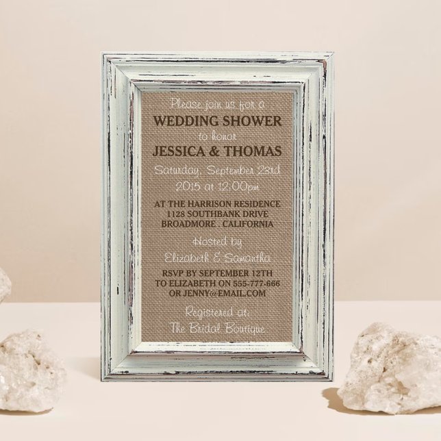 Convites Chá de casamento Rustic White Frame & Burlap (Criador carregado)