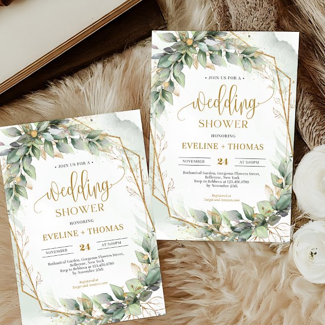Convites Chá de casamento verde de script de caligrafia mod (Delicate green eucalyptus and gold wedding shower invitation digital)