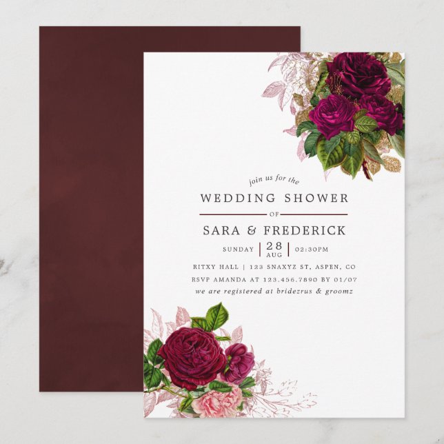 Convites Chá de casamento Vintage Chic Blush & Burgundy (Frente/Verso)