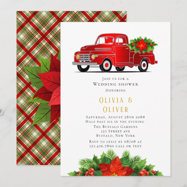 Convites Chá de casamento Vintage Red Truck Poinsettia (Frente/Verso)