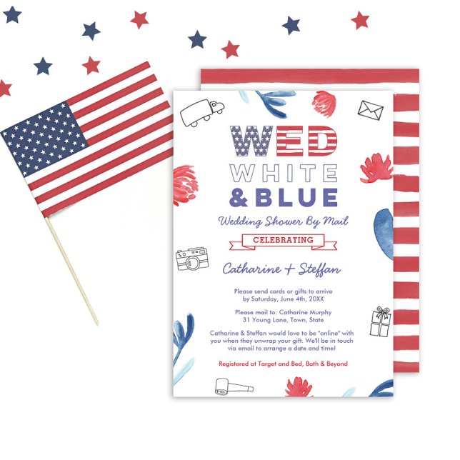 Convites Chá de casamento Virtual Azul Branco Por Correio (A Wed White And Blue Virtual Online Wedding or Bridal Shower invitation)