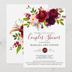 Convites Chá de Casamentos Florais de Burgundy Watercolor 