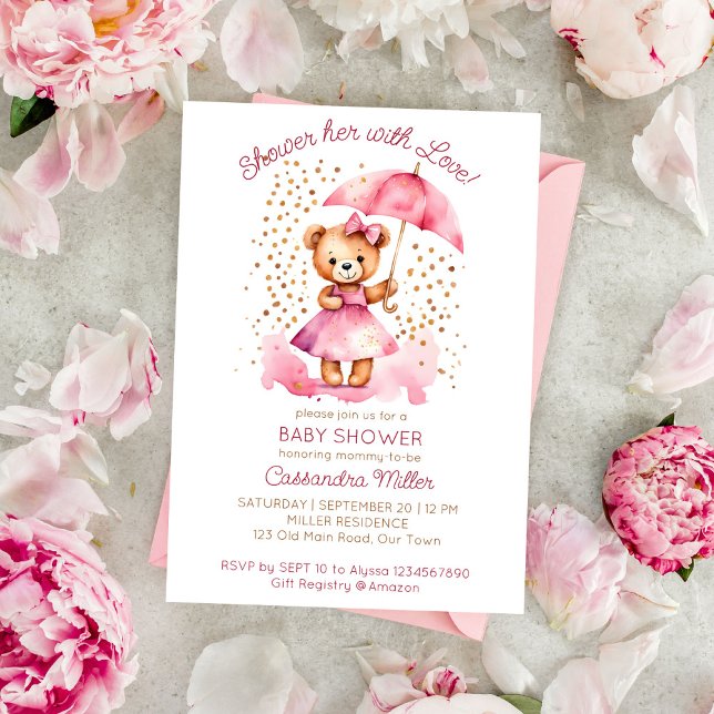 Convites Chá de chá de fraldas de ursinho de pelúcia amoros (Shower with love girl teddy bear baby shower template invitation digital download cute teddy umbrell)