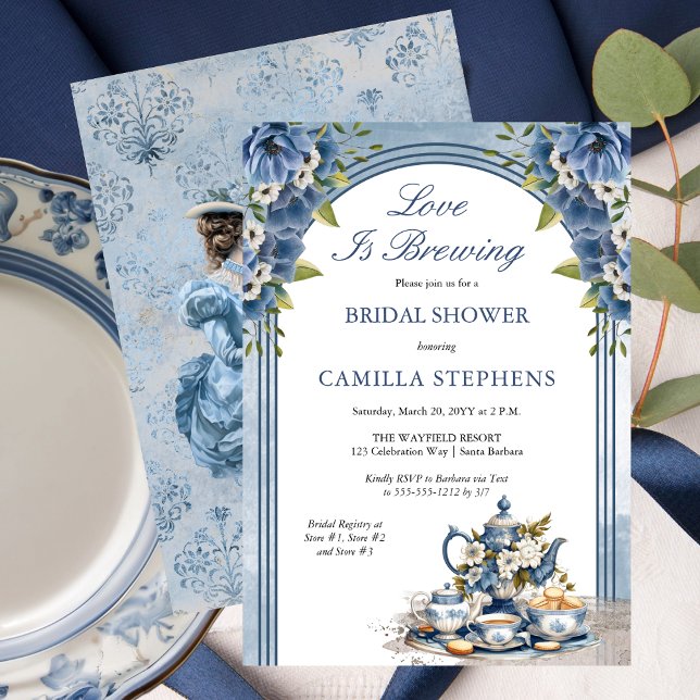Convites Chá De Chá Floral Azul Elegante (Elegant Blue Floral Tea Set Bridal Shower Tea Party Invitation)